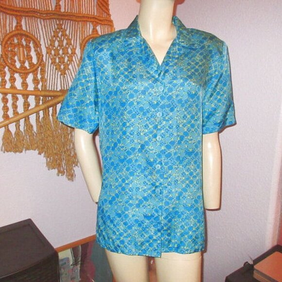 80s Vtg Worthington 100% Silk Top Size M Tunic Short Sleeves Button Up Artsy - Picture 1 of 10